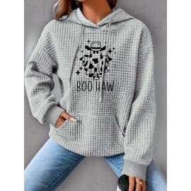 Plus Size Ghost Print Hoodie, Casual Kangaroo Pocket Drawstring Long Sleeve Hooded Sweatshirt, Women's Plus Size Clothing