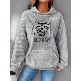 Plus Size Ghost Print Hoodie, Casual Kangaroo Pocket Drawstring Long Sleeve Hooded Sweatshirt, Women's Plus Size Clothing