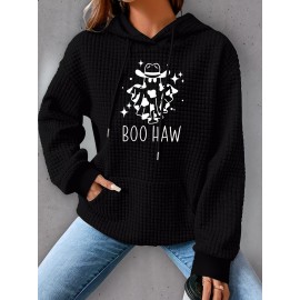 Plus Size Ghost Print Hoodie, Casual Kangaroo Pocket Drawstring Long Sleeve Hooded Sweatshirt, Women's Plus Size Clothing