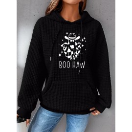 Plus Size Ghost Print Hoodie, Casual Kangaroo Pocket Drawstring Long Sleeve Hooded Sweatshirt, Women's Plus Size Clothing