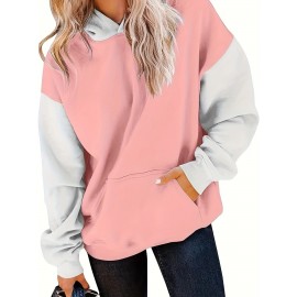 Plus Size Colorblock Kangaroo Pocket Hoodie, Casual Long Sleeve Hooded Sweatshirt, Women's Plus Size Clothing