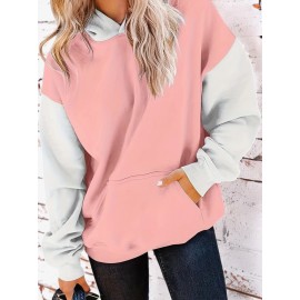Plus Size Colorblock Kangaroo Pocket Hoodie, Casual Long Sleeve Hooded Sweatshirt, Women's Plus Size Clothing