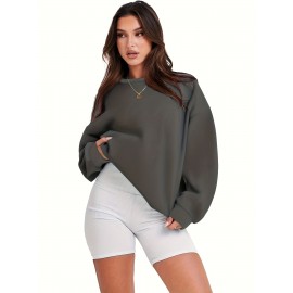 Plus Size Cozy Crew Neck Pullover Sweatshirt - Soft Slight Stretch Linen Fabric, Solid Color, Casual Style for Fall/Winter - No Printing, Knit Fabric, Sheer-Free Comfort