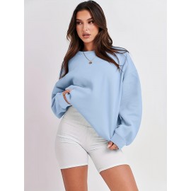 Plus Size Cozy Crew Neck Pullover Sweatshirt - Soft Slight Stretch Linen Fabric, Solid Color, Casual Style for Fall/Winter - No Printing, Knit Fabric, Sheer-Free Comfort