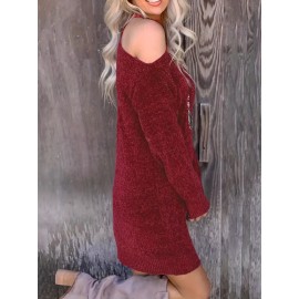 Plus Size Casual Sweater Dress, Women's Plus Solid Long Sleeve Cut Out Mini Sweater Dress