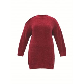 Plus Size Casual Sweater Dress, Women's Plus Solid Long Sleeve Cut Out Mini Sweater Dress
