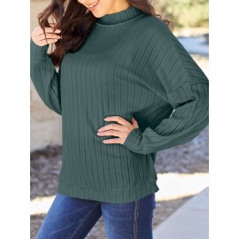 Full Size Ribbed Exposed Seam Mock Neck Knit Top