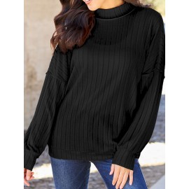 Full Size Ribbed Exposed Seam Mock Neck Knit Top