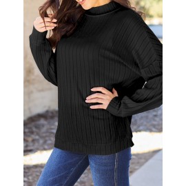 Full Size Ribbed Exposed Seam Mock Neck Knit Top