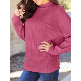 Full Size Ribbed Exposed Seam Mock Neck Knit Top