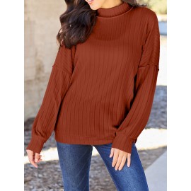 Full Size Ribbed Exposed Seam Mock Neck Knit Top