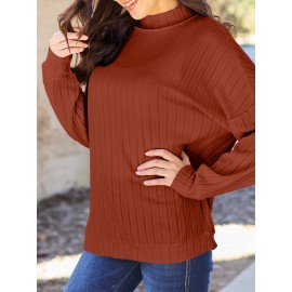 Full Size Ribbed Exposed Seam Mock Neck Knit Top