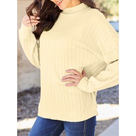 Full Size Ribbed Exposed Seam Mock Neck Knit Top