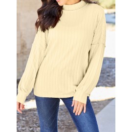 Full Size Ribbed Exposed Seam Mock Neck Knit Top