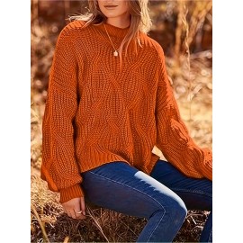 Plus Size Solid Color Crew Neck Sweater, Casual Lantern Long Sleeve Sweater For Fall & Winter, Women's Plus Size Clothing