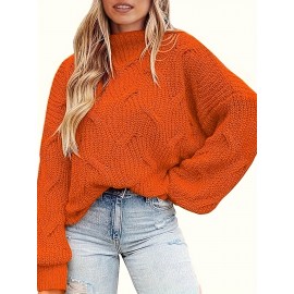 Plus Size Solid Color Crew Neck Sweater, Casual Lantern Long Sleeve Sweater For Fall & Winter, Women's Plus Size Clothing