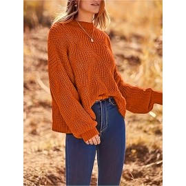 Plus Size Solid Color Crew Neck Sweater, Casual Lantern Long Sleeve Sweater For Fall & Winter, Women's Plus Size Clothing