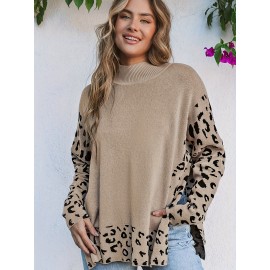 Plus Size Leopard Pattern Crew Neck Sweater, Casual Split Long Sleeve Sweater For Fall & Winter, Women's Plus Size Clothing