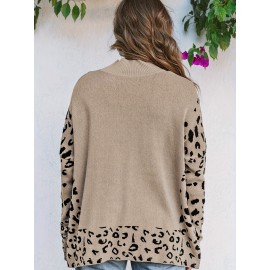 Plus Size Leopard Pattern Crew Neck Sweater, Casual Split Long Sleeve Sweater For Fall & Winter, Women's Plus Size Clothing