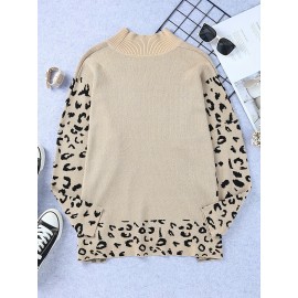 Plus Size Leopard Pattern Crew Neck Sweater, Casual Split Long Sleeve Sweater For Fall & Winter, Women's Plus Size Clothing