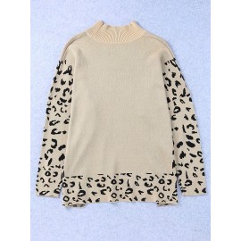 Plus Size Leopard Pattern Crew Neck Sweater, Casual Split Long Sleeve Sweater For Fall & Winter, Women's Plus Size Clothing