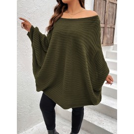Plus Size Rib Knit Off Shoulder Batwing Sleeve Loose Fit Sweater, Women's Plus High Stretch Casual Sweater