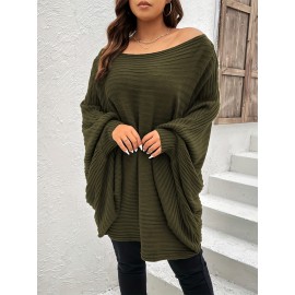 Plus Size Rib Knit Off Shoulder Batwing Sleeve Loose Fit Sweater, Women's Plus High Stretch Casual Sweater