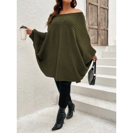 Plus Size Rib Knit Off Shoulder Batwing Sleeve Loose Fit Sweater, Women's Plus High Stretch Casual Sweater