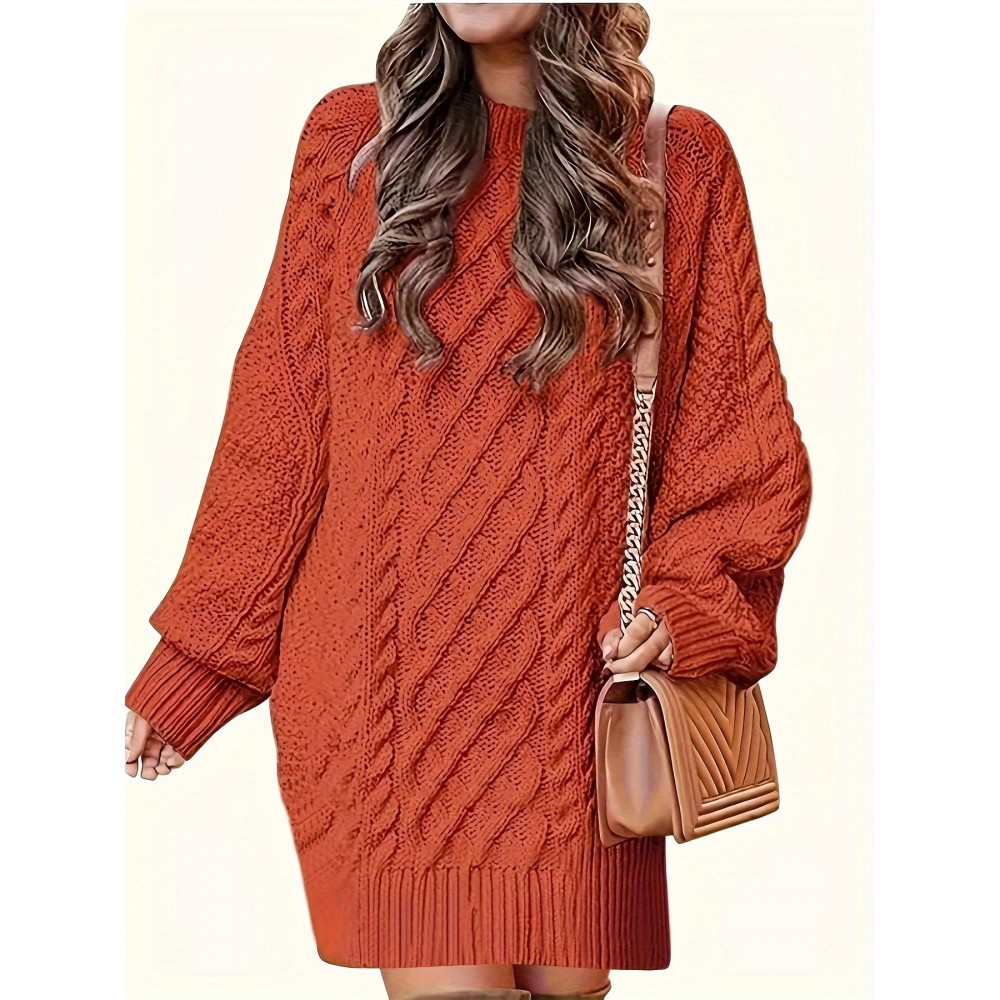 Plus Size Solid Cable Knit Sweater Dress, Casual Long Sleeve Crew Neck Loose Fit Sweater Dress, Women's Plus Size Clothing