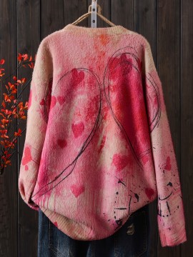 Plus Size Heart Pattern Crew Neck Sweater, Casual Long Sleeve Sweater For Fall & Winter, Women's Plus Size Clothing