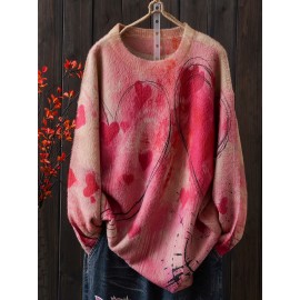 Plus Size Heart Pattern Crew Neck Sweater, Casual Long Sleeve Sweater For Fall & Winter, Women's Plus Size Clothing