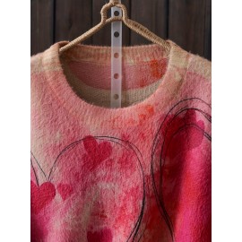 Plus Size Heart Pattern Crew Neck Sweater, Casual Long Sleeve Sweater For Fall & Winter, Women's Plus Size Clothing