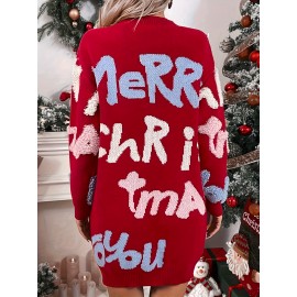 Plus Size Letter Pattern Sweater Dress, Casual Long Sleeve Crew Neck Pullover Sweater Dress, Women's Plus Size Clothing