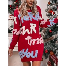 Plus Size Letter Pattern Sweater Dress, Casual Long Sleeve Crew Neck Pullover Sweater Dress, Women's Plus Size Clothing