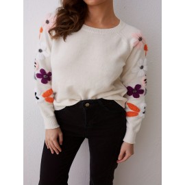 Plus Size Floral Print Knit Sweater, Casual Long Sleeve Crew Neck Top For Fall & Winter, Women's Plus Size Clothing