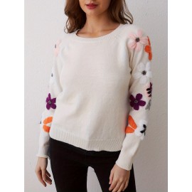 Plus Size Floral Print Knit Sweater, Casual Long Sleeve Crew Neck Top For Fall & Winter, Women's Plus Size Clothing