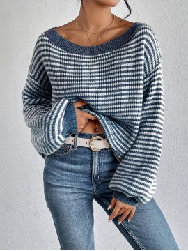 Plus Size Striped Pattern Knitted Sweater, Stylish Casual Long Sleeve Pullover Sweater For Fall & Winter, Women's Plus Size Clothing