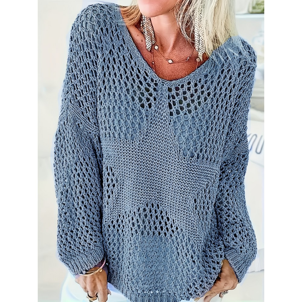 Plus Size Solid Color Open Knit Top, Causal Drop Shoulder Long Sleeve V Neck Top, Women's Plus Size Clothing