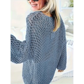 Plus Size Solid Color Open Knit Top, Causal Drop Shoulder Long Sleeve V Neck Top, Women's Plus Size Clothing