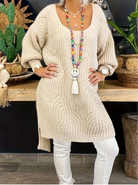 Plus Size Solid Sweater Dress, Casual Batwing Lantern Sleeve Round Neck Loose Fit Sweater Dress, Women's Plus Size Clothing