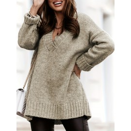 Plus Size Solid Drop Shoulder V Neck Sweater, Casual Long Sleeve Sweater For Fall & Winter, Women's Plus Size Clothing