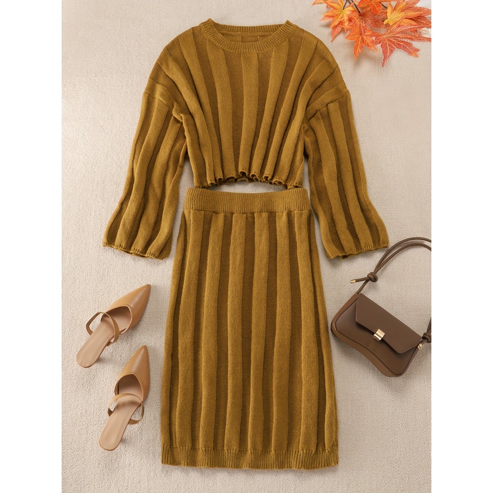 Plus Size Solid Sweater Two-piece Set, Crew Neck Long Sleeve Top & Skirt Outfits, Women's Plus Size Clothing