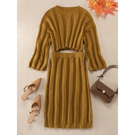 Plus Size Solid Sweater Two-piece Set, Crew Neck Long Sleeve Top & Skirt Outfits, Women's Plus Size Clothing