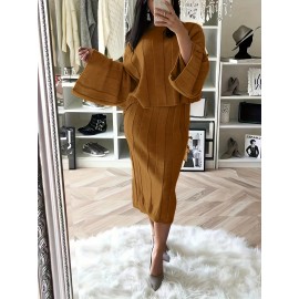 Plus Size Solid Sweater Two-piece Set, Crew Neck Long Sleeve Top & Skirt Outfits, Women's Plus Size Clothing