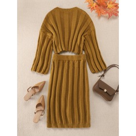 Plus Size Solid Sweater Two-piece Set, Crew Neck Long Sleeve Top & Skirt Outfits, Women's Plus Size Clothing