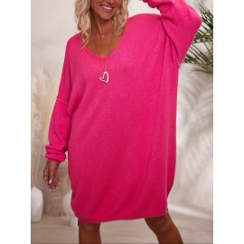 Plus Size Solid Color Sweater Dress, Casual Long Sleeve V Neck Dress For Fall & Winter, Women's Plus Size Clothing