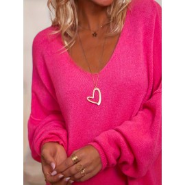 Plus Size Solid Color Sweater Dress, Casual Long Sleeve V Neck Dress For Fall & Winter, Women's Plus Size Clothing