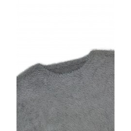 Plus Size Casual Sweater, Women's Plus Solid Fluffy Round Neck Long Sleeve Sweater