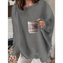 Plus Size Casual Sweater, Women's Plus Solid Fluffy Round Neck Long Sleeve Sweater