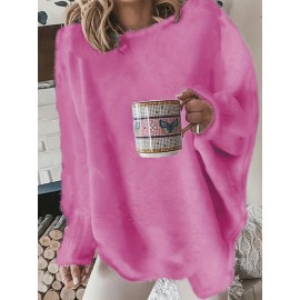 Plus Size Casual Sweater, Women's Plus Solid Fluffy Round Neck Long Sleeve Sweater